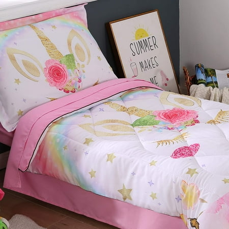 Wowelife Rainbow Unicorn Toddler Bedding Set Pink 4 Piece Clounds Toddler Bed Sets for Girls Pink Rainbow